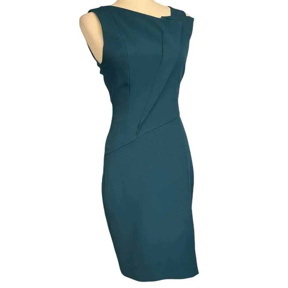 Halston Heritage Sleeveless Folded Neckline Teal Blue Lined Sheath Dress Size 2